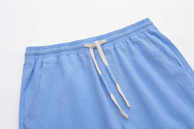 SIR7 Men's Linen Casual Classic Fit 11 Inch Inseam Elastic Waist Shorts with Drawstring Blue Large - Image 3